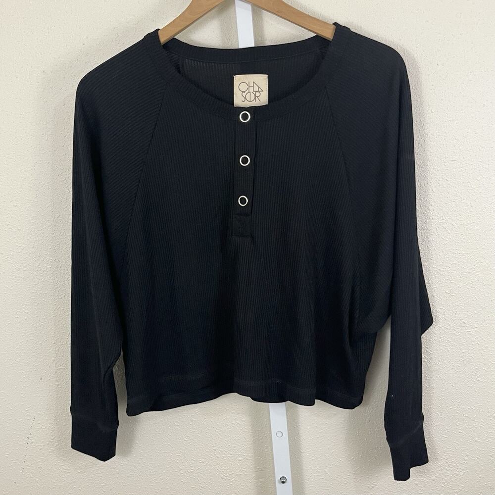Chaser Henrietta Ribbed Boxy Top Womens S Dolman Sleeve Henley Black